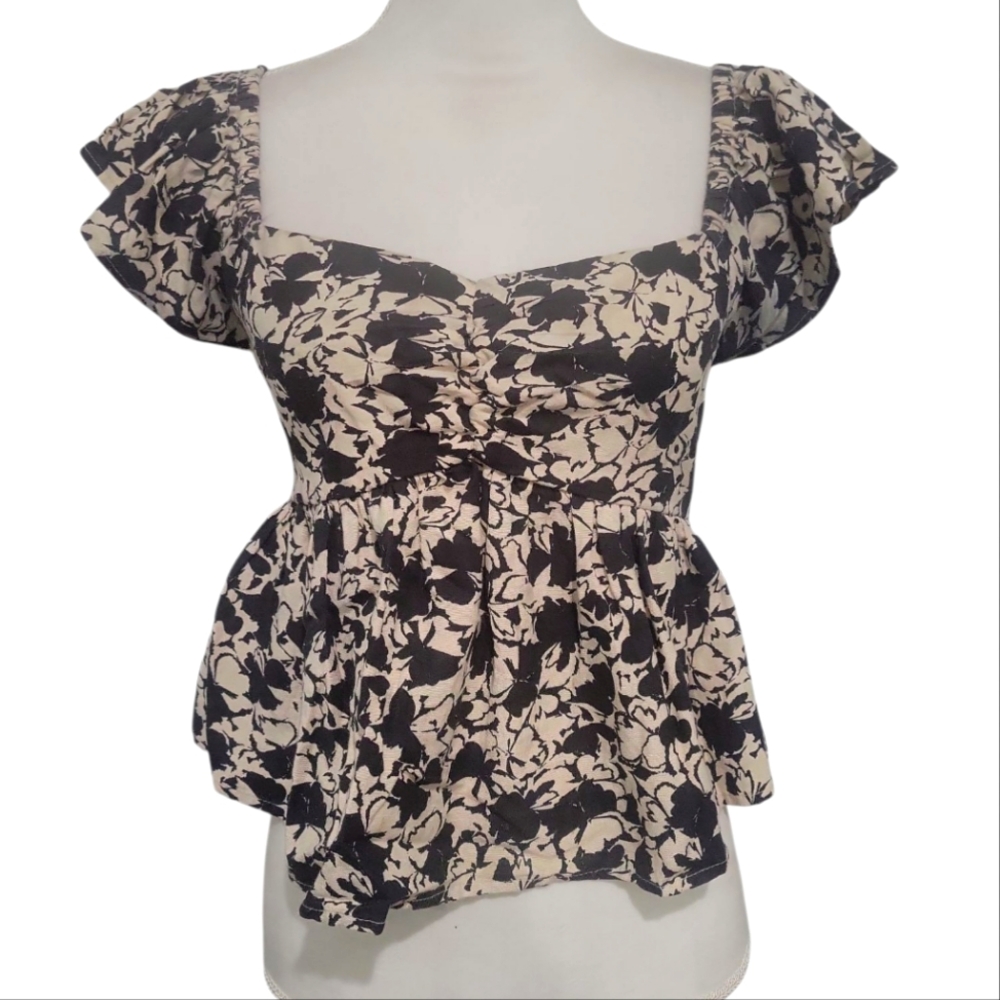 Midnight Sky Floral Black and Cream Women's Top Size Small